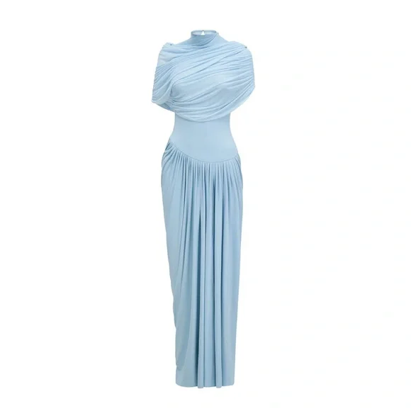 Miss Rosier Catherine Asymmetrical Pleated Maxi Dress | Baby Blue | Small - Picture 2 of 14